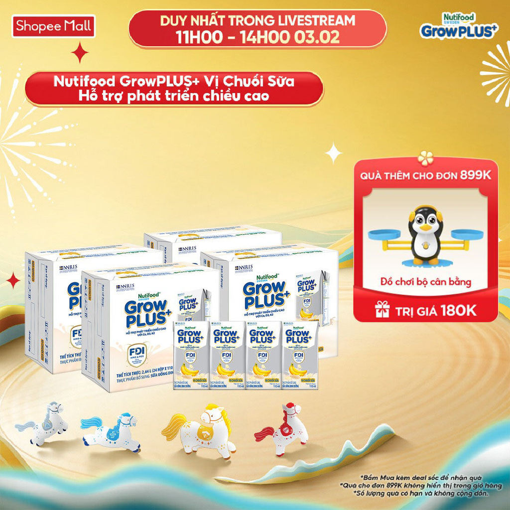 Combo 4 Thùng 24 hộp Sữa bột pha sẵn Nutifood GrowPLUS+ Vị Chuối Sữa hộp 110ml - Trên 1 tuổi