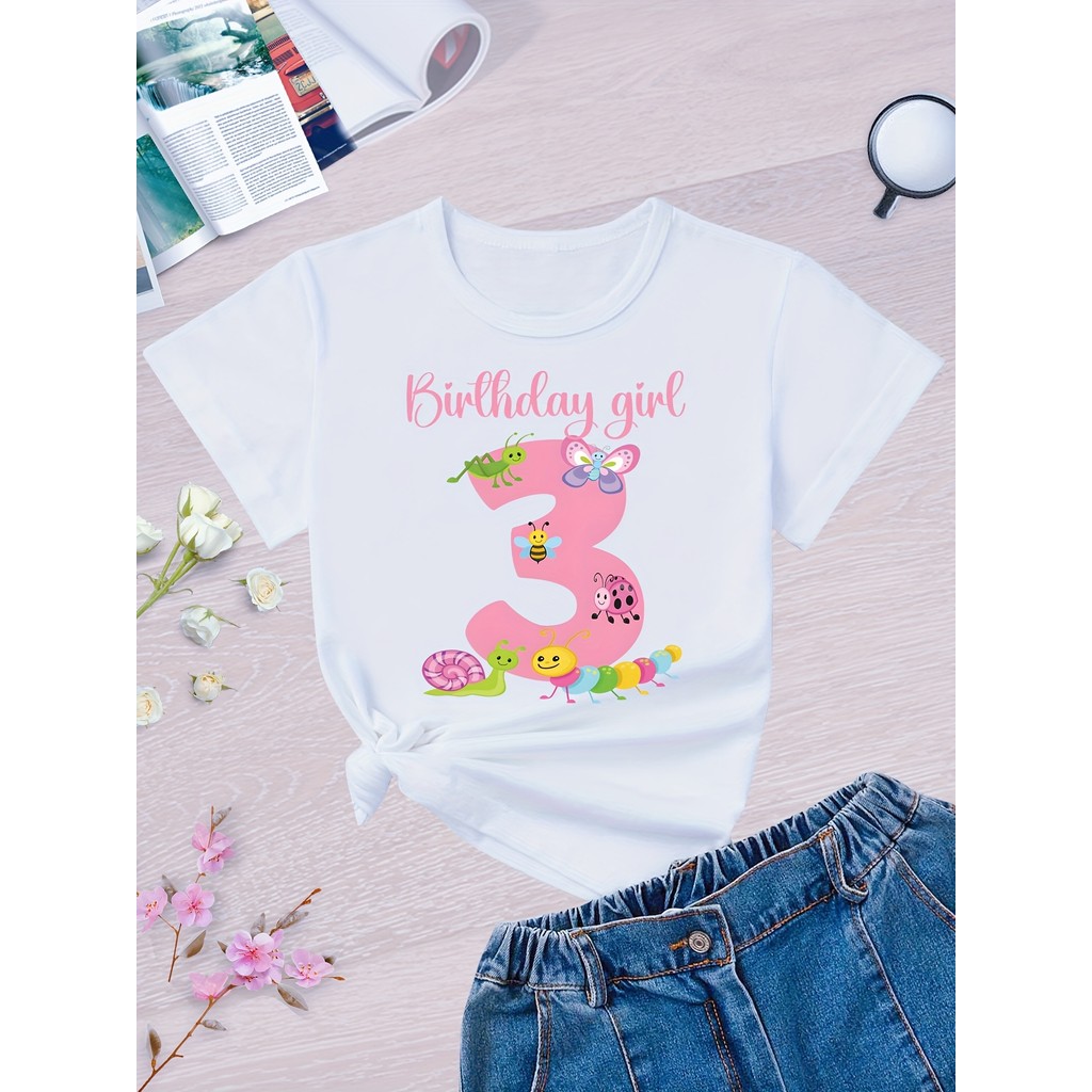 Áo thun sinh nhật thứ 3 của bé gái - In hình côn trùng & hoa dễ thương với thiết kế số 3 màu hồng, á