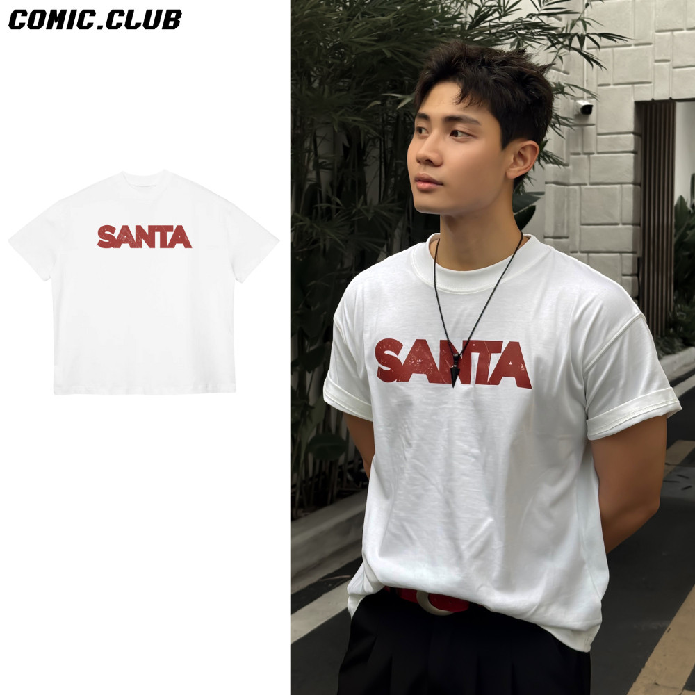 Áo thun Boxy  'SANTA' trắng 100% Cotton 2 chiều - COMIC Boxy T-shirt