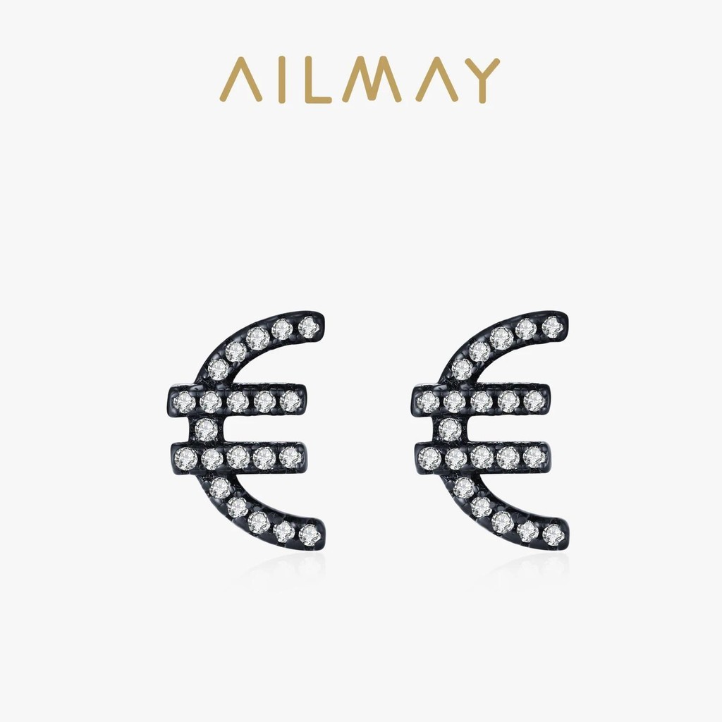 Ailmay 925 Sterling Đen Phong Cách Bạc Euro Biểu Tượng €Bông Tai Zircon Nữ Đảng