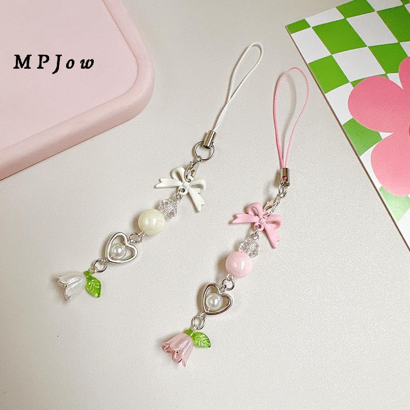 MPJow Nơ Lily Of The Valley Đính Hạt Dây Xích Điện Thoại Y2K Tươi Ngọt Móc Khóa Fower Mặt Dây Chuyền