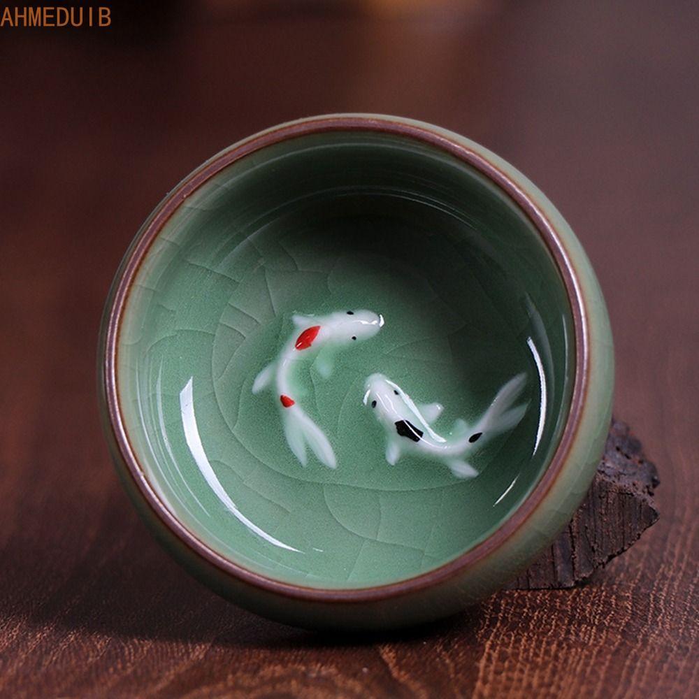 AHMEDUIB Golden Fish Celadon Porcelain Teacups, Crackle 60ml Long Tuyền Tea Cup, Crackle Tea Cup Kun