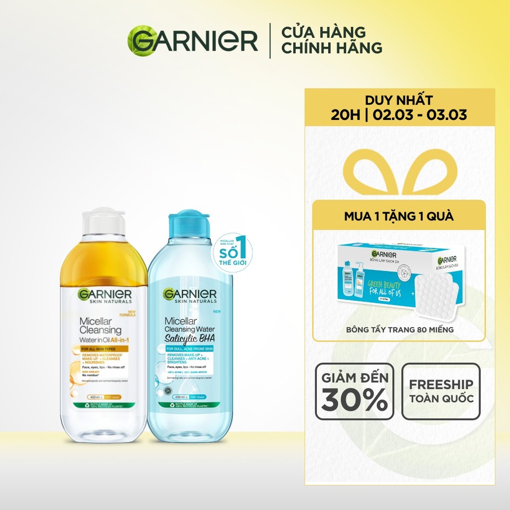 Bộ 2 Nước tẩy trang dành cho da dầu mụn & trang điểm Garnier Micellar Water (400mlX2)
