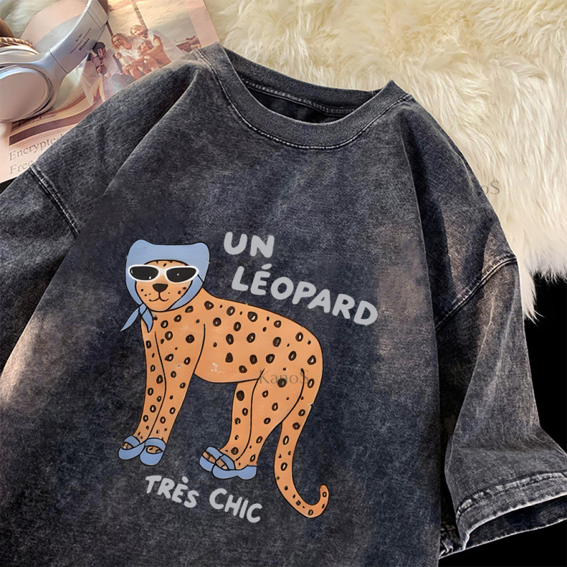 Kanos_shop | Áo rộng giặt nước, Hàn quốc cổ điển đa năng Leopard print 100% cotton áo sơ mi tay ngắn