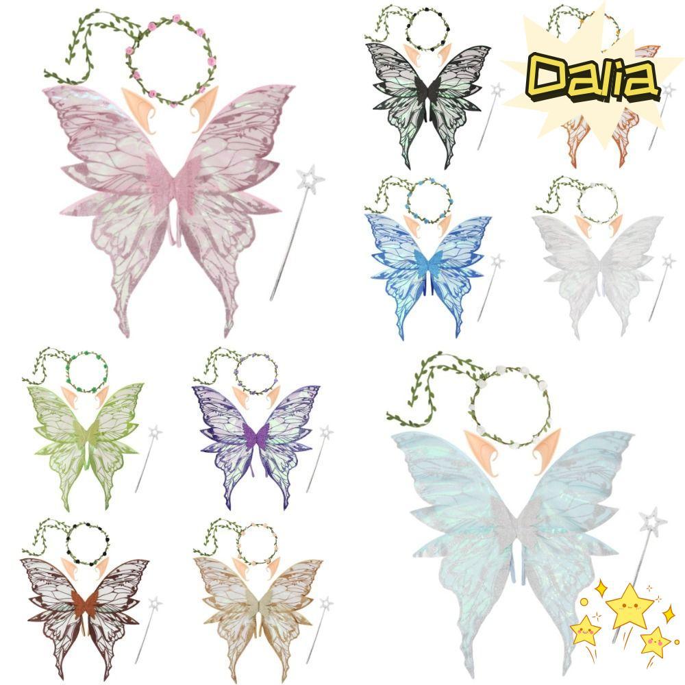 DALIA Fairy Butterfly Wings, Flower Crown Elf Ears Bộ trang phục cổ tích, Hợp thời trang Star Wand G