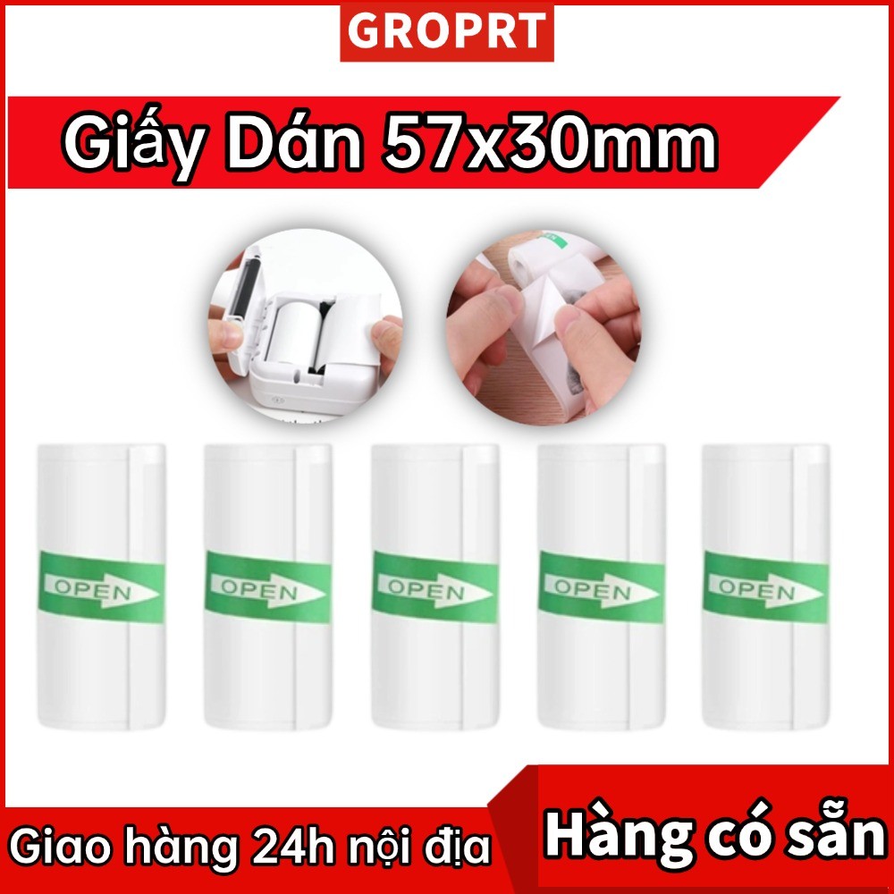 Giấy in Dán nhiệt 57x30 dành cho máy in nhiệt mini cầm tay có lớp keo dán dùng cho các máy in blueto