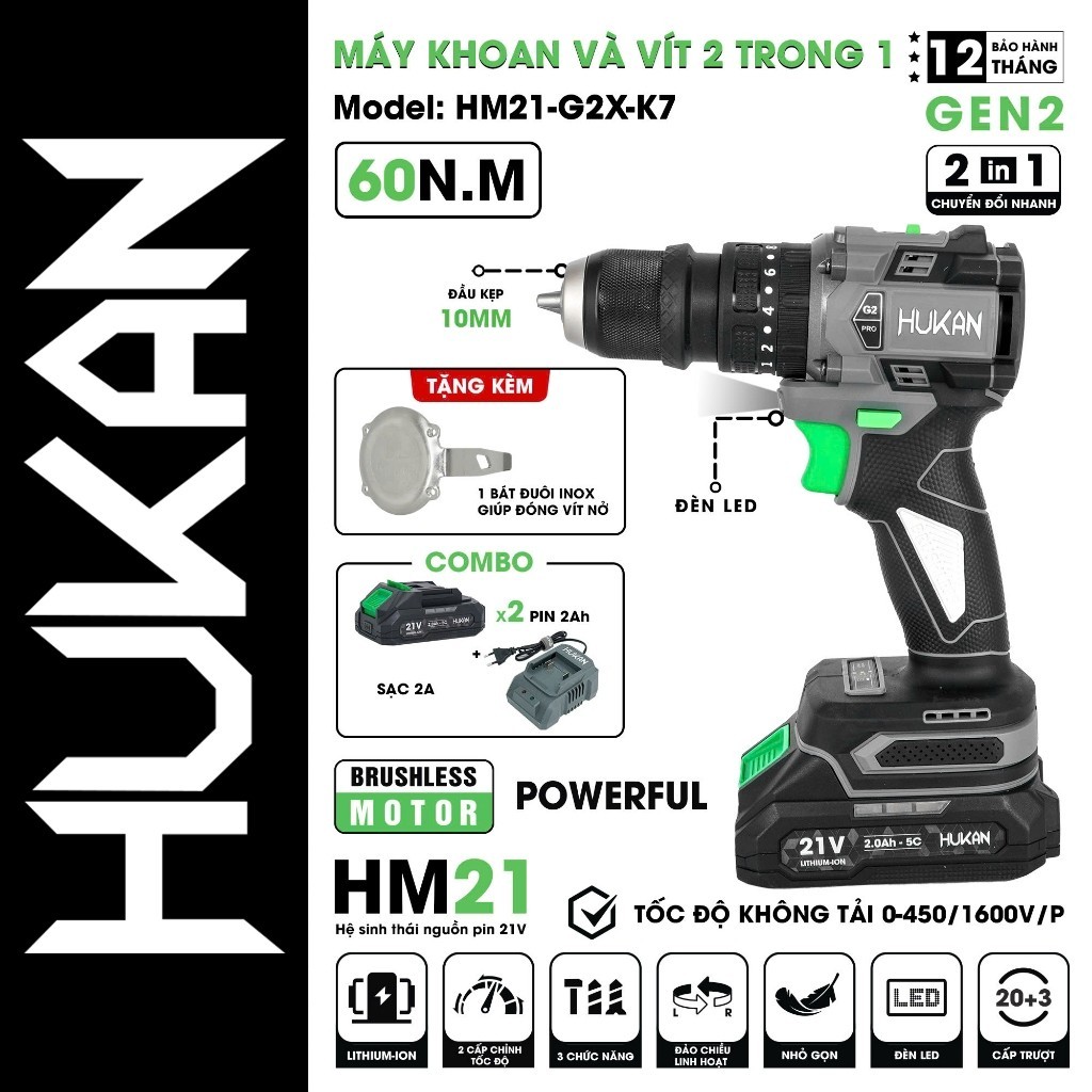 Máy khoan pin kèm bắn vít HUKAN HM21-G2X-K7, Không Chổi Than, 3 Chức Năng, , 10mm, Đầu kẹp Peacock