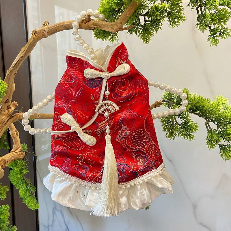 New Chinese Pet Clothes Autumn and Winter New Velvet Skirt Teddy Bichon Dog Cat Cheongsam g1aq