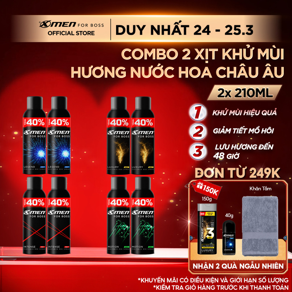 [Tặng thêm 40% dung tích] Combo 2 Xịt khử mùi X-Men For Boss 210ml/chai Hương Nước Hoa Châu Âu, Khô Thoáng Lưu Hương 48H