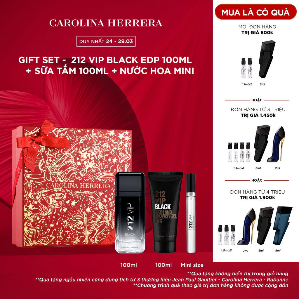 Set Nước hoa Carolina Herrera  212 VIP Black EDP 100ml + Sữa tắm 100ml + Nước hoa mini