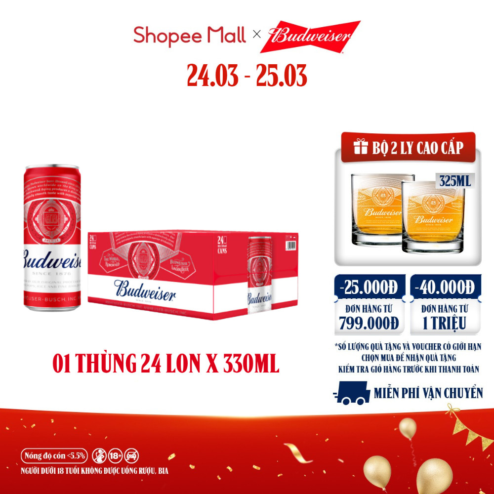 Nồng Độ Cồn 5.0% - Thùng 24 Lon Bia Budweiser Sleek Can Chính Hãng (330ml/ lon)