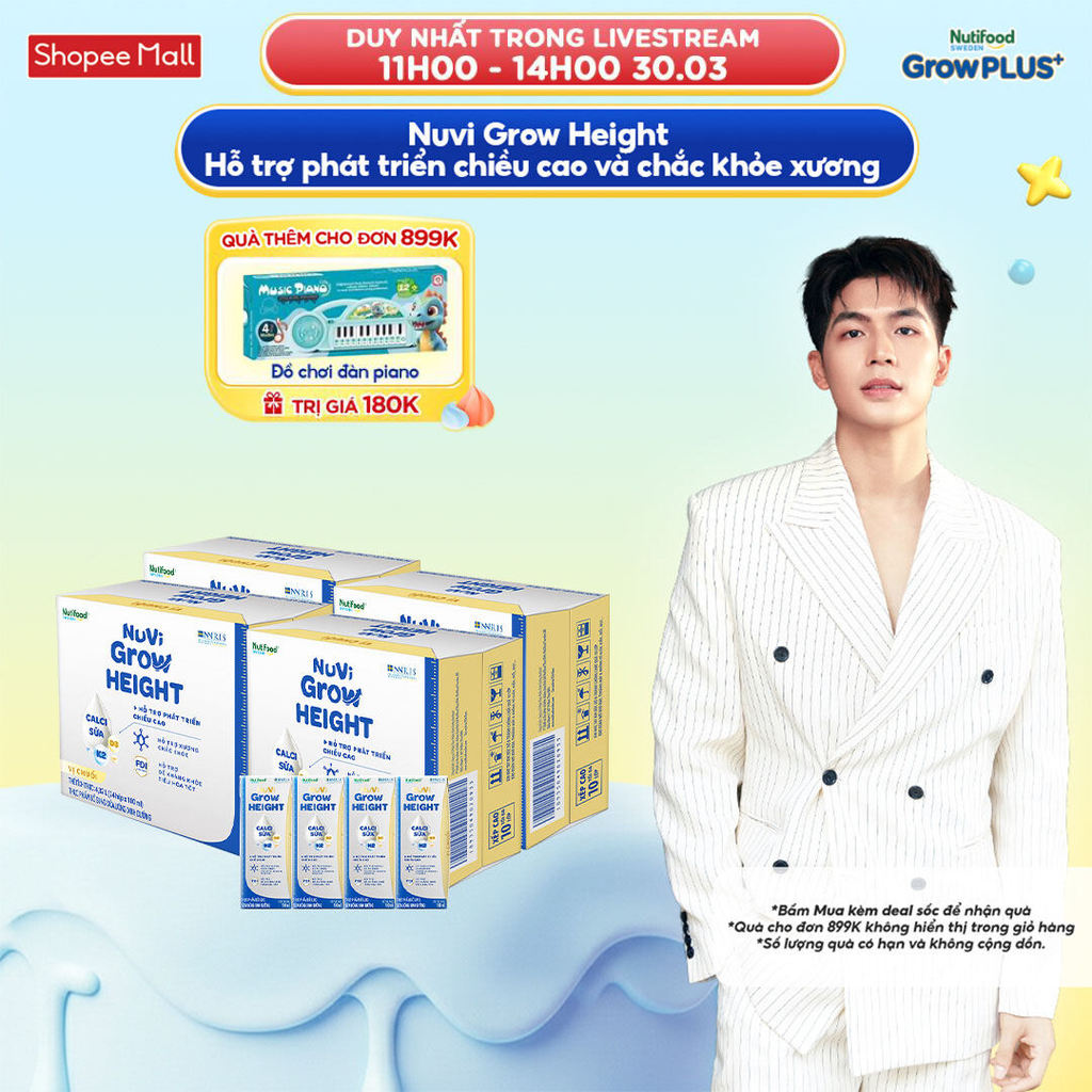 Combo 4 Thùng 24 hộp SBPS Nuvi Grow Height vị chuối 1+ hỗ trợ phát triển chiều cao hộp 180ml