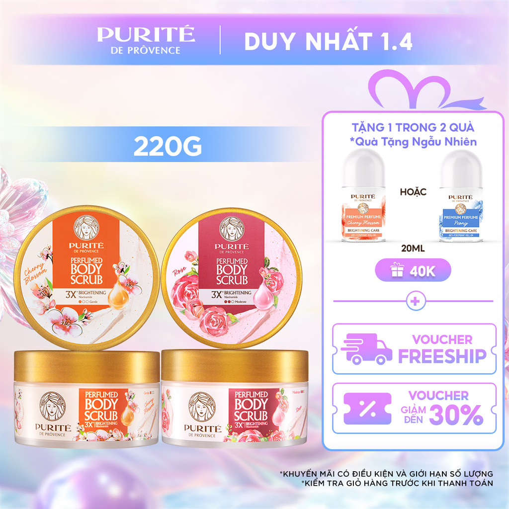 Tẩy Tế Bào Da Chết Dưỡng Sáng PURITÉ Hương Nước Hoa Hoa Anh Đào/ Hoa Hồng 220G