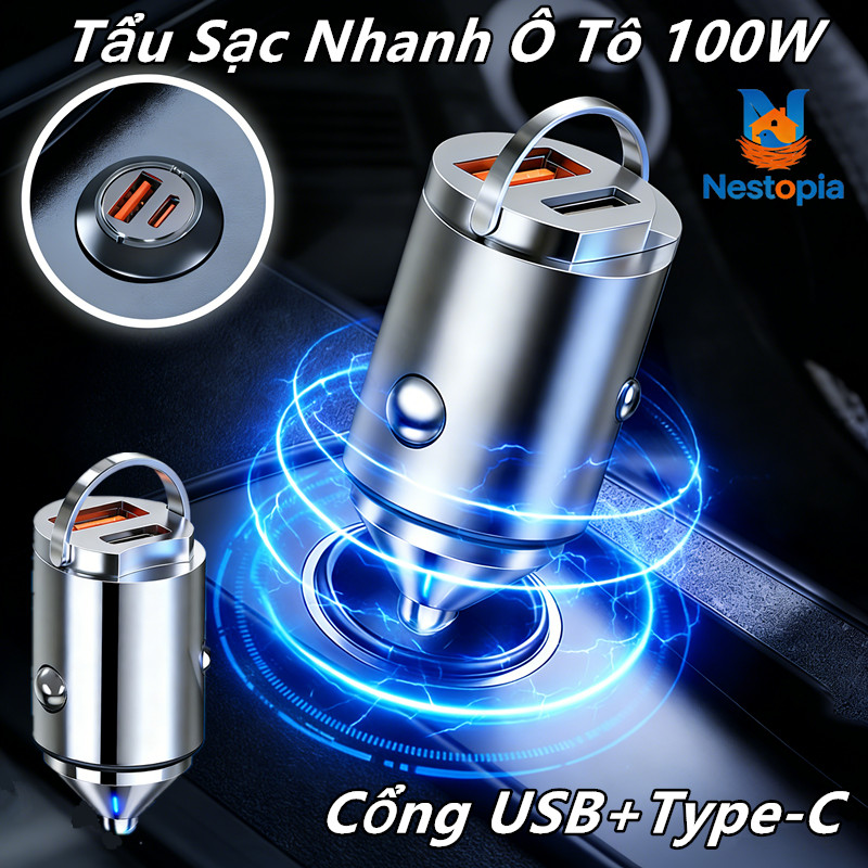 Tẩu Sạc Nhanh Ô Tô 100W,Cổng USB+Type-C,Chất Liệu Hợp Kim Nhôm,Nhỏ Gọn Tiện Lợi,Sạc Siêu Nhanh,Tương Thích Mọi Dòng Xe