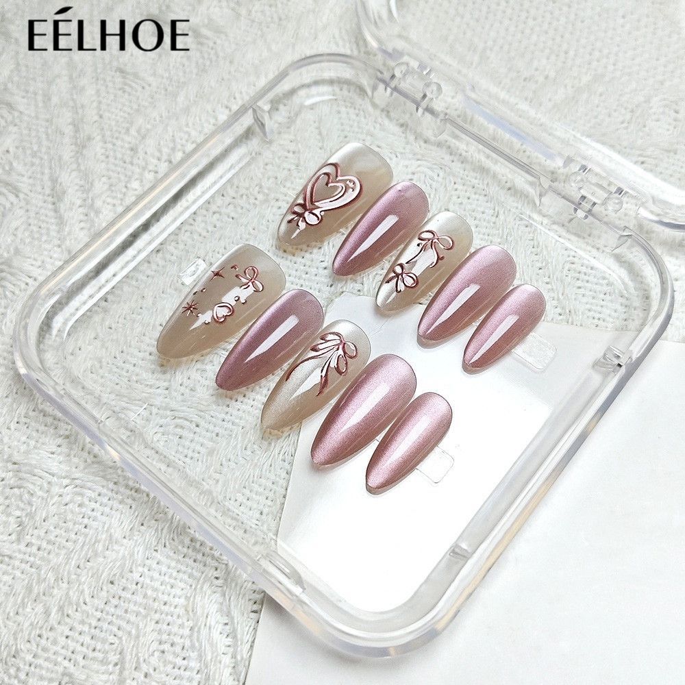 Pammdi Cat Eye Almond Shape Handmade Nail Art Sticker: 10 Đầu móng tay hình trái tim và ngôi sao, Mi