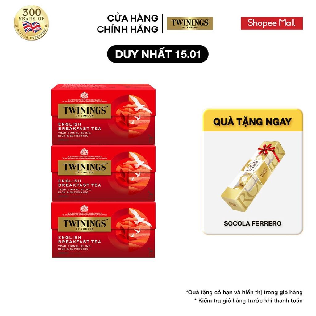 Combo 3 Trà Túi Lọc Twinings English Breakfast - Hộp 25 Gói 2G