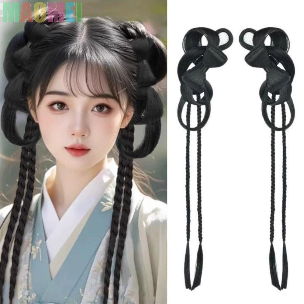 MAOMEI Nơ Bun & Tóc Giả Đôi Style Hanfu, Twisted Braids, Phụ Kiện Tóc Tự Nhiên
