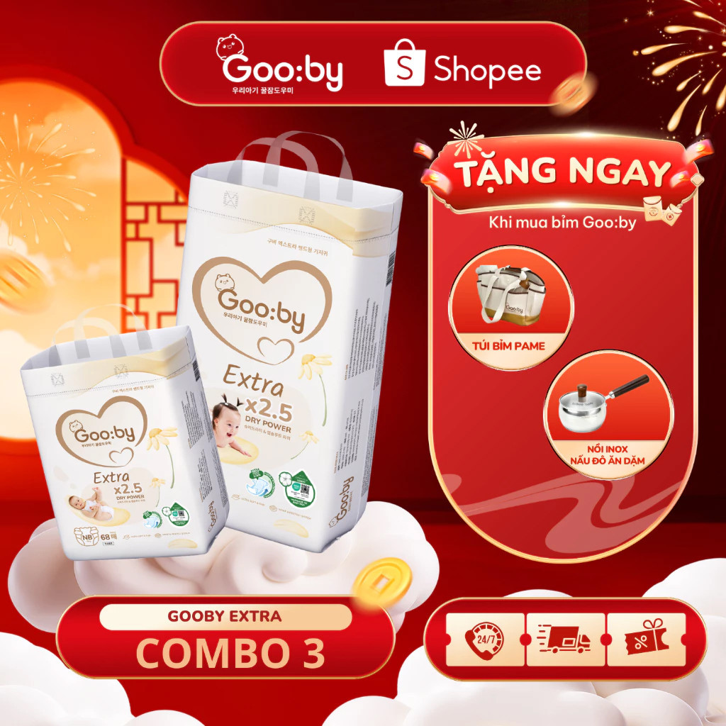 🎁 [KÈM QUÀ] Combo 3 bịch Tã/Bỉm Gooby Extra Ngày, Gooby Premium Đêm Chính hãng, tặng quánh, balô