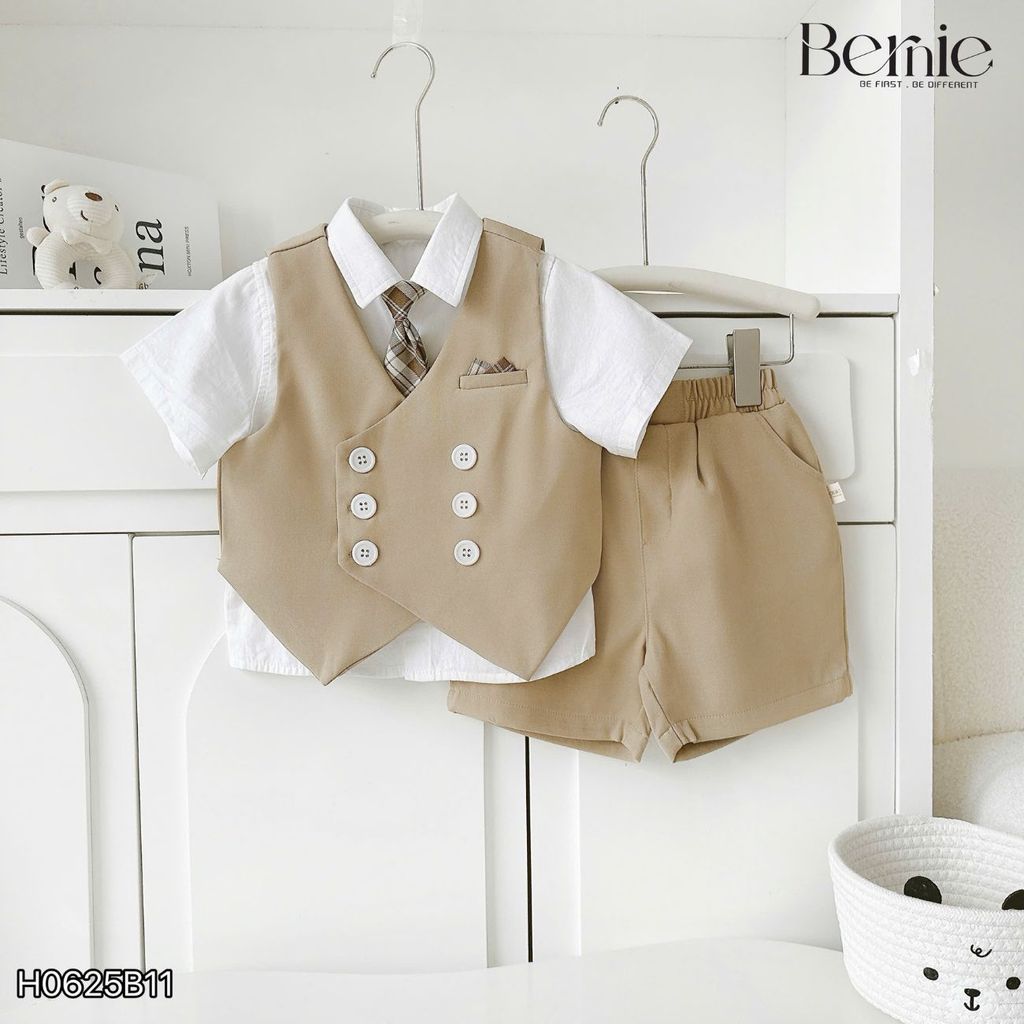 Set vest gile HOÀNG TỬ cúc trắng 5CT bé trai thôi nôi sinh nhật đi tiệc 1 đến 7 tuổi BERNIE H0625B11