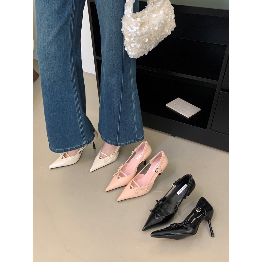 [Lamode] Giày Cao Gót Nơ Mũi Nhọn Rỗng Nữ 2026 Phong Cách Mới Thời Trang Stiletto Gót Giày Slip-On