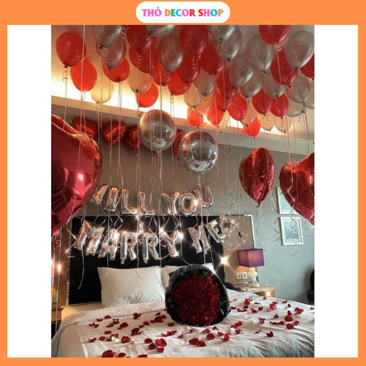 { Tặng Bóng 4D Tráng Nhôm} Combo bóng bay trang trí cầu hôn will you marry me NM110 Tông Bạc Đỏ