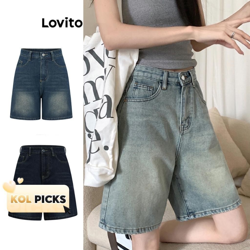 (KOL‘s pick) Quần short nữ jean cạp cao denim Lovito có túi màu trơn thường ngày cho nữ LNA19020 (Nhiều màu) | BigBuy360 - bigbuy360.vn