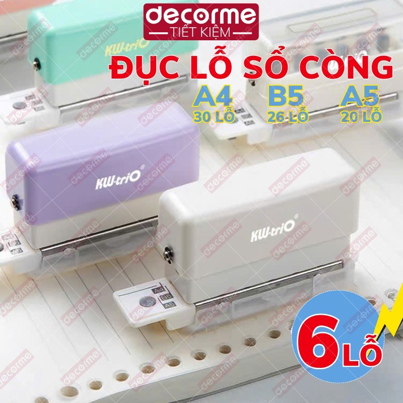 Máy Đục Lỗ Giấy 6 Lỗ Cho Sổ Còng A4 B5 A5, Bấm Lỗ 30-26-20 Lỗ Có Trợ Lực