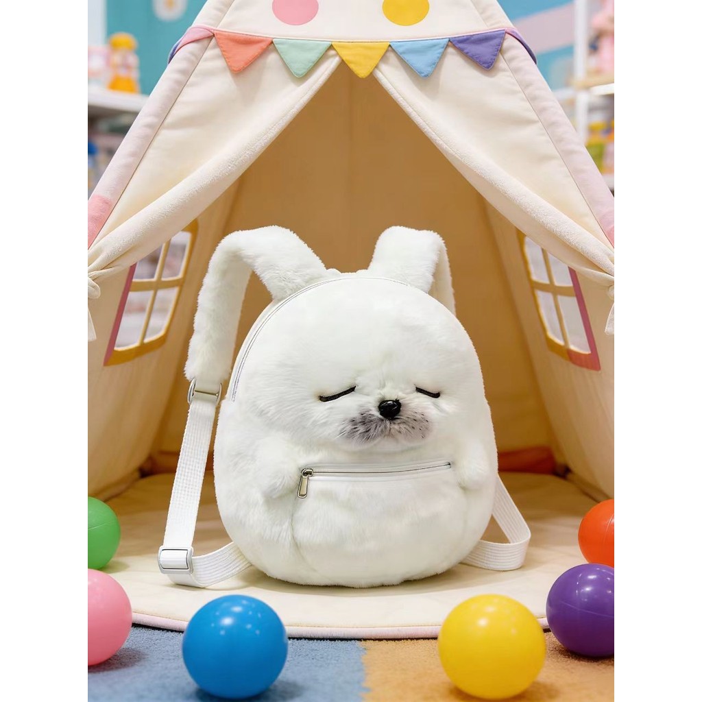 2026Cute Seal Plush Backpack Doll Bag ins Versatile small backpack with cartoon plush toy