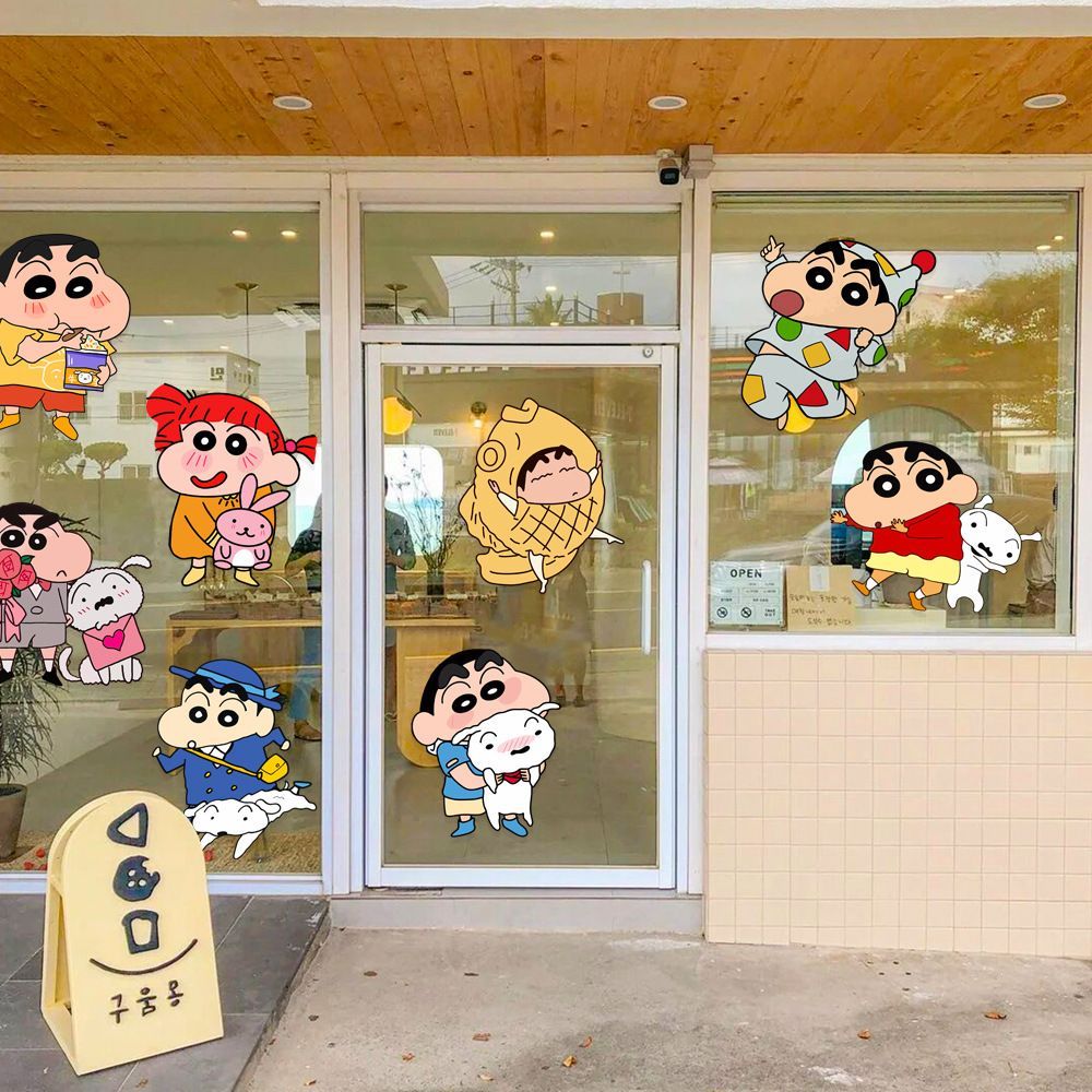 Sticker kính cửa shop Wax Crayon Shin-chan ins | Có keo, chống nước, decor cửa kính shop net red