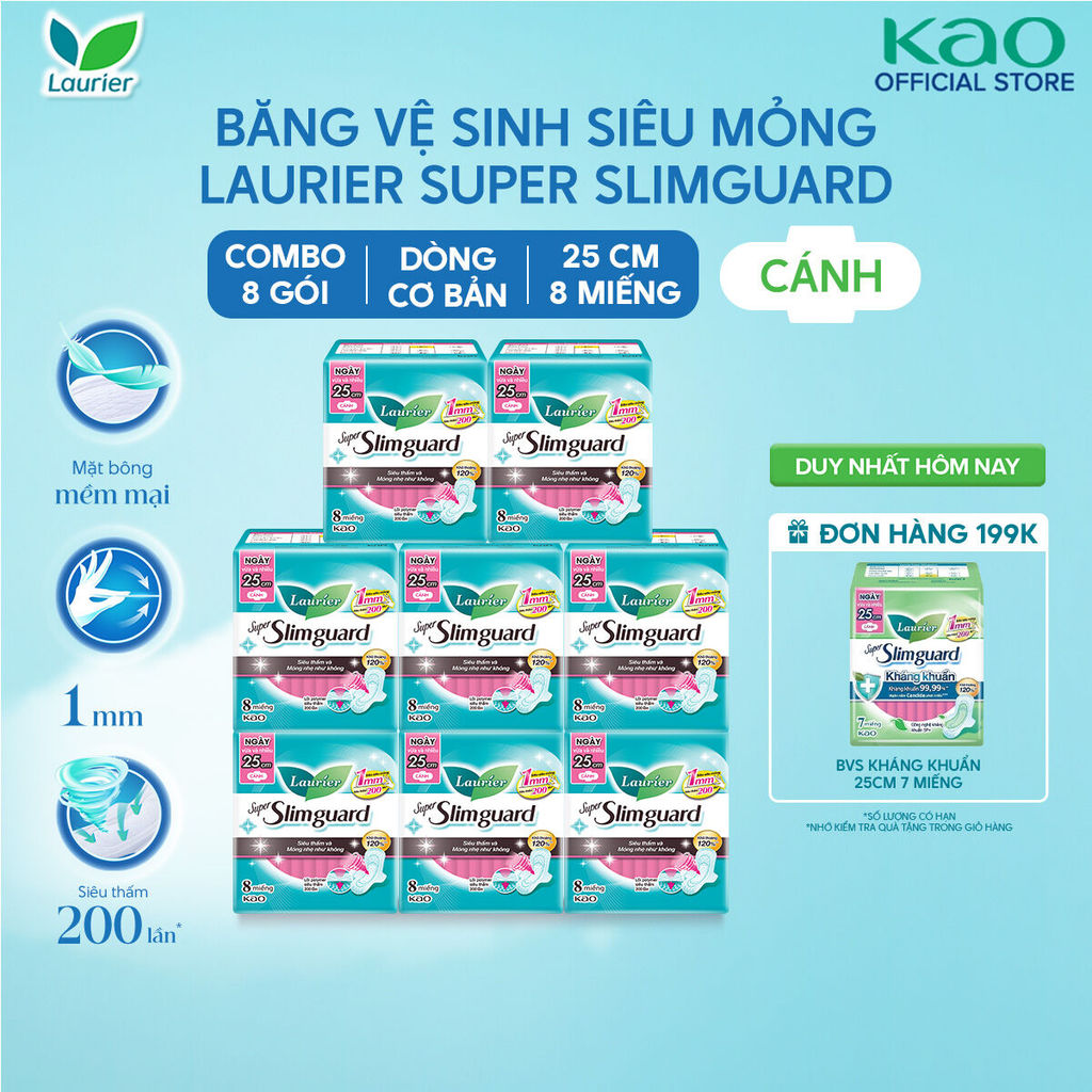 [Mua 8 Được 9] Combo 8 gói BVS Laurier siêu mỏng bảo vệ 1mm 25cm 8 miếng