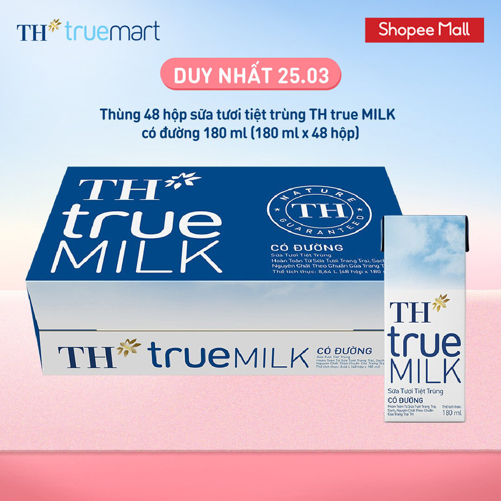 [LIVE STREAM] Thùng 48 hộp sữa tươi tiệt trùng TH true MILK có đường 180 ml (180 ml x 48)