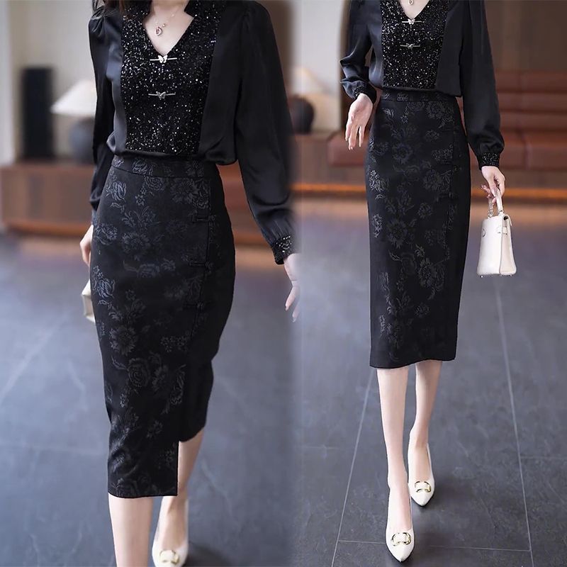 QWLT Chinese-style women's skirt, new spring and autumn model, high-waisted, slimming, new Chinese s