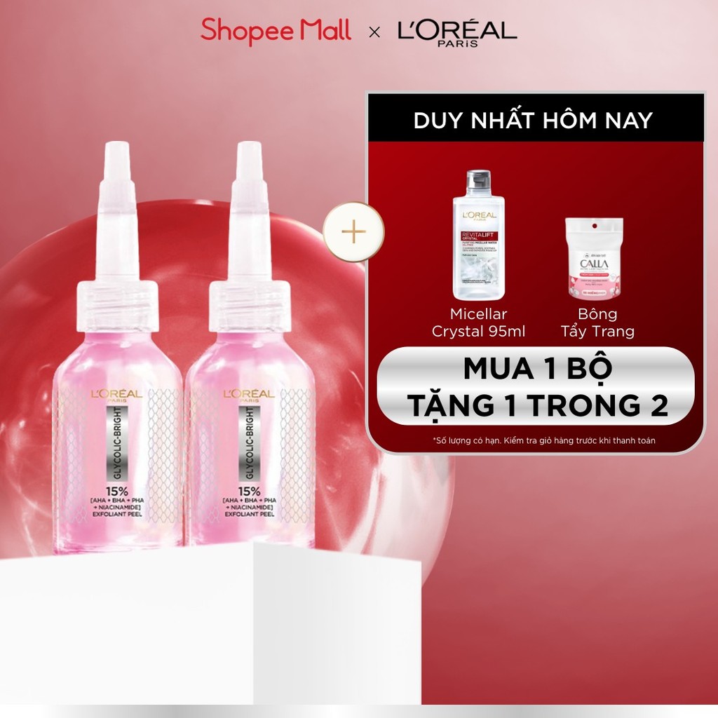 Bộ đôi dưỡng chất peel sáng da làm sạch tế bào da chết L'Oréal Paris Glycolic-Bright Anti-Dark Spot Exfoliant Peel 25ml