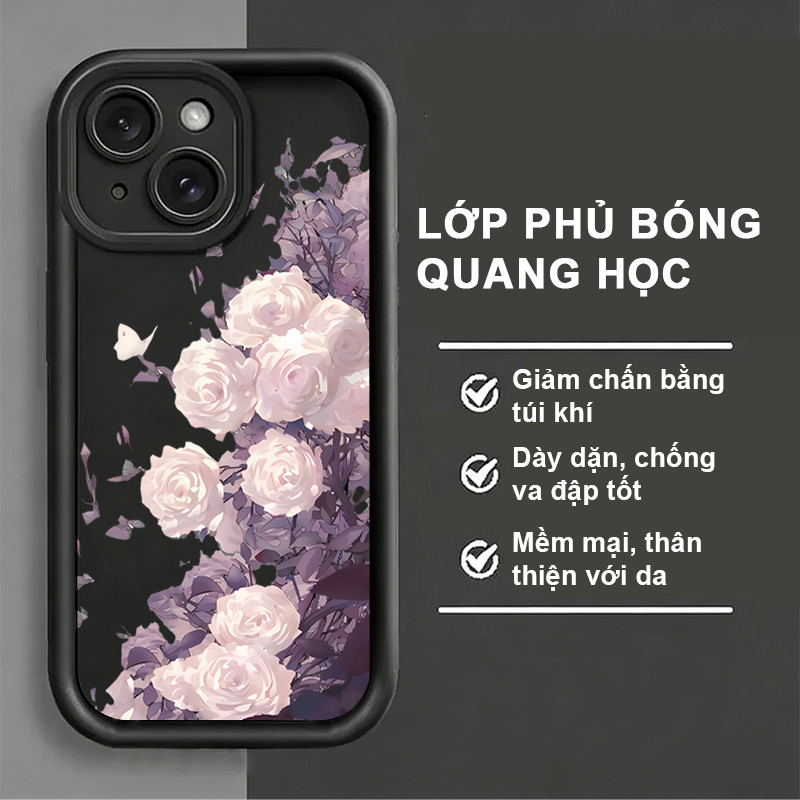 Ốp Lưng iPhone Hoa Hồng Trắng Nghệ Thuật Mềm Chống Sốc Sang Trọng,iP 11/12/13/14/15/16/17/Plus/Pro/M