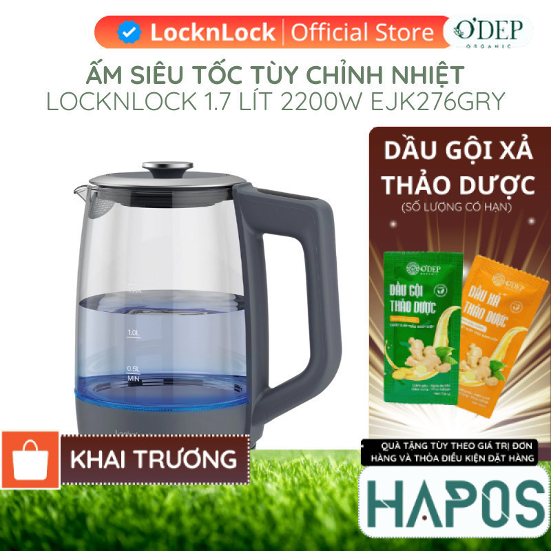 Ấm đun siêu tốc 5 mức nhiệt LocknLock Smart Glow Glass Electric Kettle 1.7L EJK276GRY - HAPOS HOF