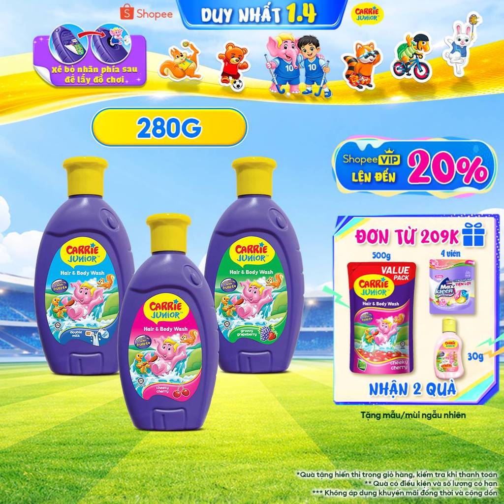 Chai Sữa Tắm Gội cho bé Carrie Junior hương trái cây thiên nhiên 280g