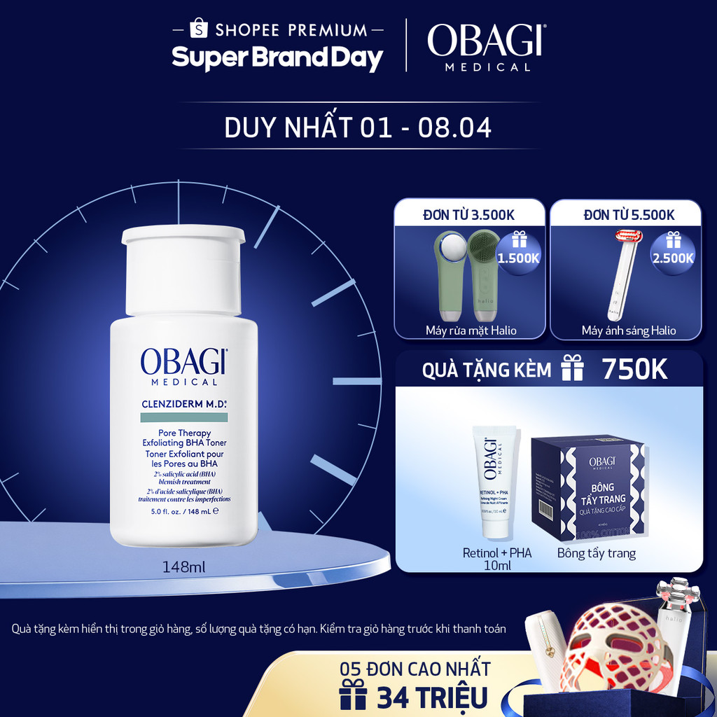 [ĐỘC QUYỀN LIVESTREAM] Toner tẩy tế bào chết làm sạch mụn BHA Obagi Clenziderm M.D. Exfoliating 148m