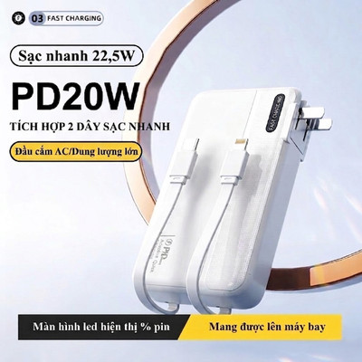Pin Sạc Dự Phòng 30.000mAh 22.5W –  Tích Hợp Cáp Type-C & Lightning – Chân Cắm AC Tiện Lợi