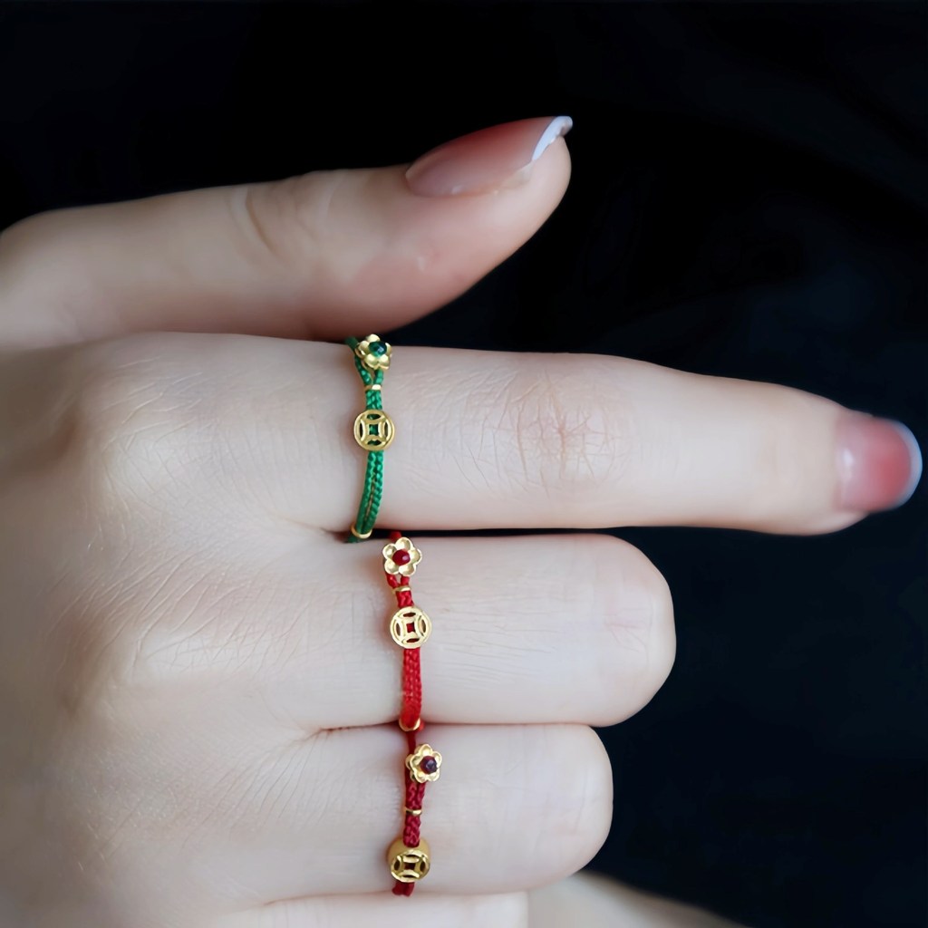 Benming Năm Giàu Chi Tiêu Dây Đỏ Nhẫn Nữ Niche Thiết Kế Dây Dệt Tay Có Thể Điều Chỉnh Đồng Xu Dây Đỏ