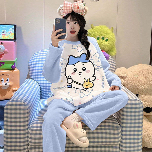 winter pajamas nightgowns Bộ đồ ngủ hai mảnh flannel họa tiết hoạt hình cho bé gái, ấm áp thu đông