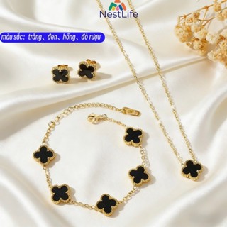 Set trang sức titan phủ vàng 18K hoa cỏ bốn lá may mắn: vòng cổ,vòng tay,khuyên tai,4 màu,thời trang