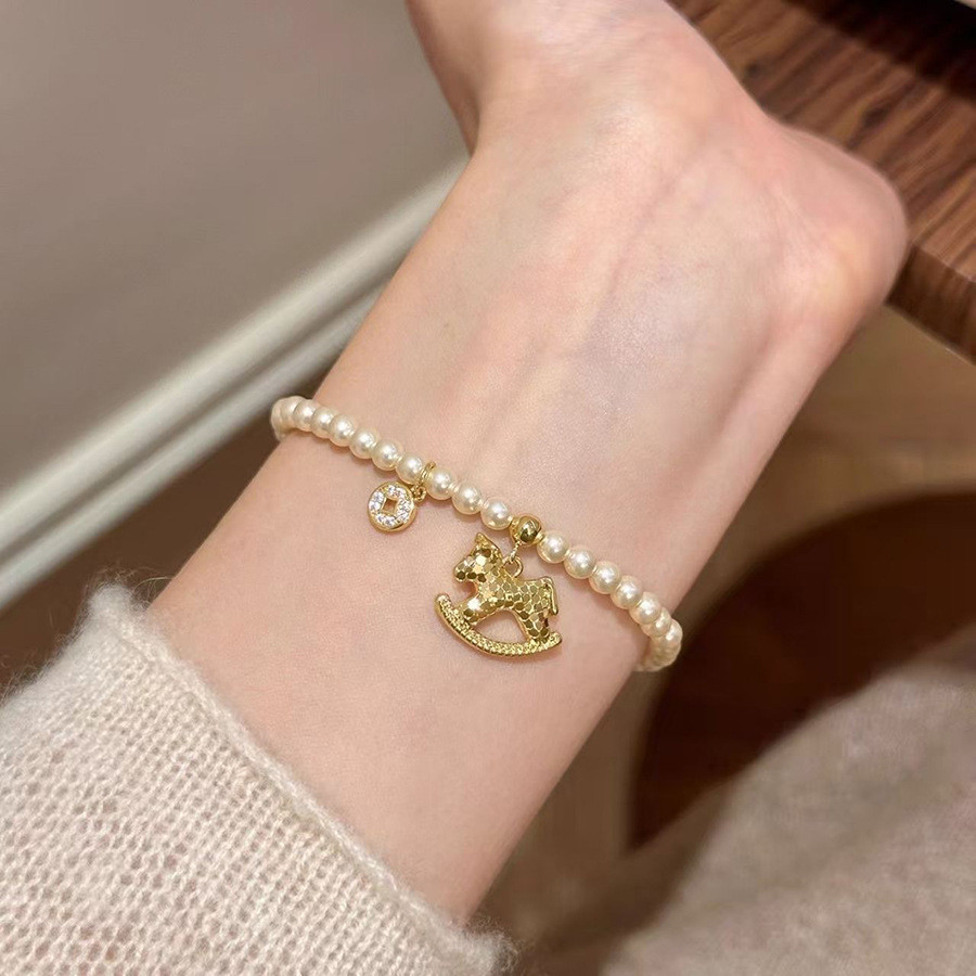 【Ready Stock】 Stringed Pearls Zircon Copper Coin Pony Bracelet Retro Elegance Bracelet Birth Year Li