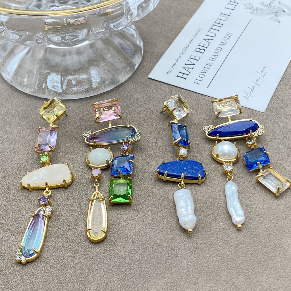 New Fashion Sweet Temperament Inlaid Geometric Candy Color Asymmetric Zircon Women's Earrings