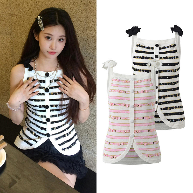 DYU6 2025Summer New Sweet Fresh Bowknot Flower Gentle Age-Reducing Sleeveless Knitted Camisole Top