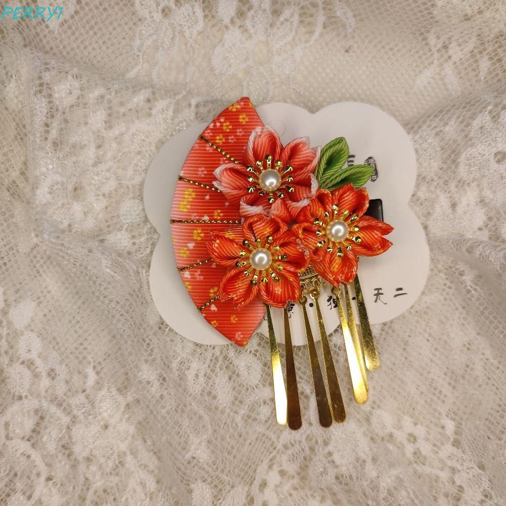 PERRY Mũ nón kimono Nhật Bản, Kẹp tóc quạt tua rua hoa Sakura, Phụ kiện tóc vải phù hợp cho bé gái K