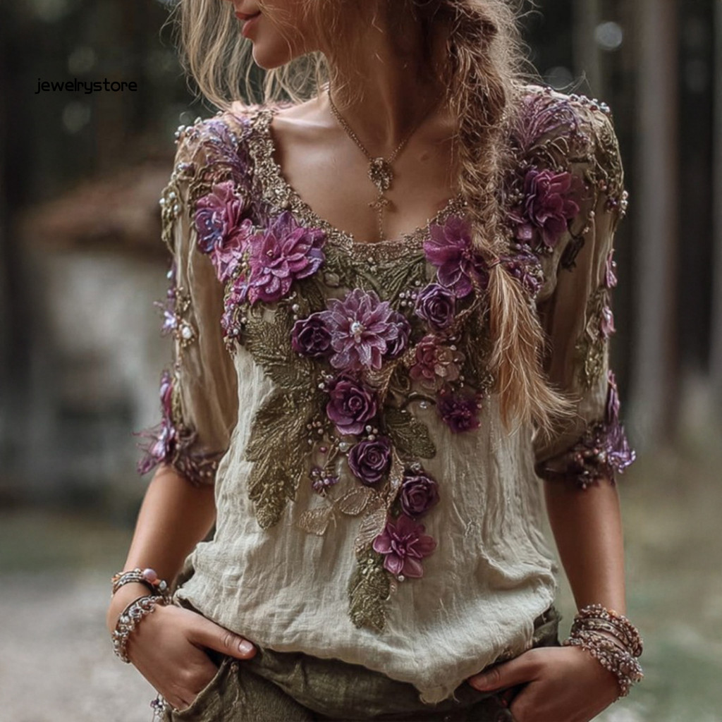 JET Áo Thun Oversized Nữ Linen Mùa Hè, Cổ Tròn Tay Ngắn, Họa Tiết Hoa Và Ngọc Trai Giả 3D Nhẹ Nhàng