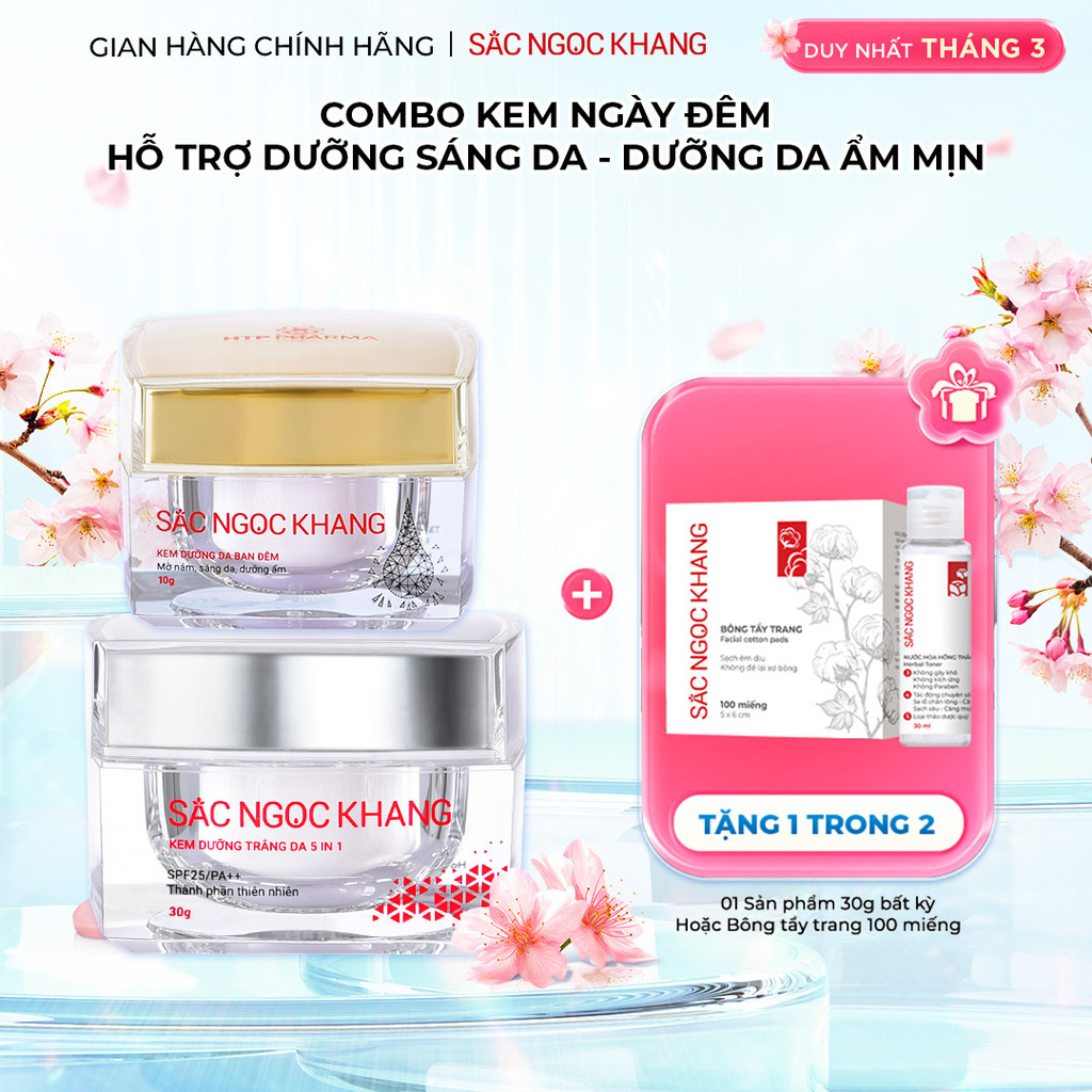 Combo Kem Dưỡng Trắng, Chống lão Hóa Ban Ngày 30g, Kem Đêm Sắc Ngọc Khang 10g - Ẩm Mịn, Nâng Tông, Chống Nắng