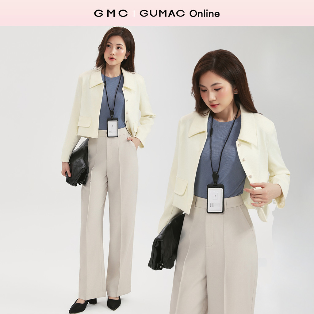 Áo khoác dạ nữ GUMAC dáng lửng suông 2 lớp phối lá cổ lật kèm hai nắp túi trang trí LOWF0903