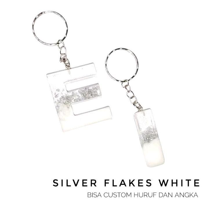 Gantungan Kunci Silver Flakes Inisial Resin Custom Nama Huruf Alphabet Angka Number Initial Keychain
