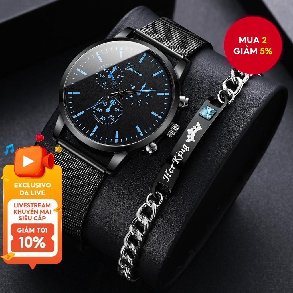 Bộ đồng hồ nam công sở tinh tế - Đồng hồ thạch anh lưới & Vòng tay vương miện